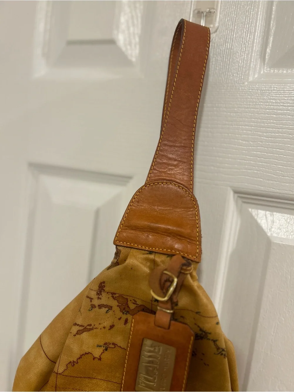 Alviero Martini 1A Classe Geo Map Sling Backpack Tan Coated Canvas Bag